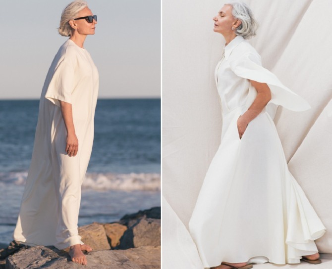 элегантные минималистические простые фасоны летних длинных платьев для пожилых женщин с седыми волосами - модели летней одежды 2020 годабелого цвета