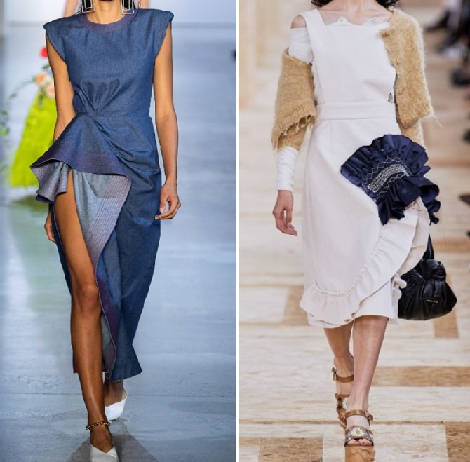 джинсовое платье синего цвета с одной оголенной ногой и драпировкой-воланом и белое джинсовое платье-сарафан с оборками на подоле - тенденции летней моды 2020 для женщин