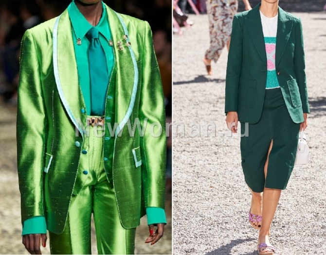 дамские костюмы брючные и с юбкой в зеленой цветовой гамме - сезон весна-лето 2020