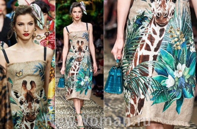 платье-сарафан с тропическим принтом из рогожки из коллекции весна-лето 2020 года модного дома Dolce & Gabbana