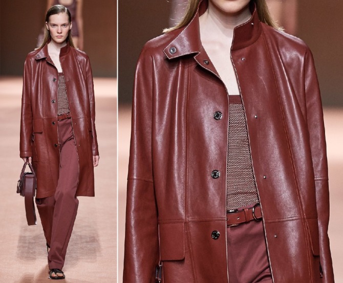 кожаное женское пальто в минималистическом стиле коричневого цвета с воротником-стойкой от модного дома Hermès - с подиума весна-лето 2020