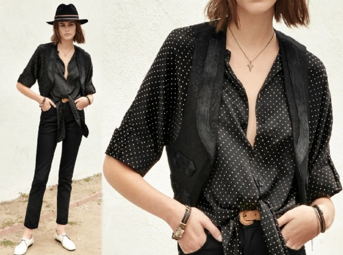 с чем носить и сочетать черную блузку в горошек - лук с показа Saint Laurent курорт 2020