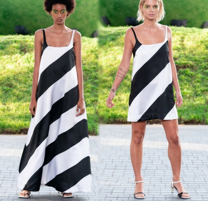 модные тренды летних платьев 2020 года - минималистический фасон без рукавов с крупным полосатым черно-белым рисунком