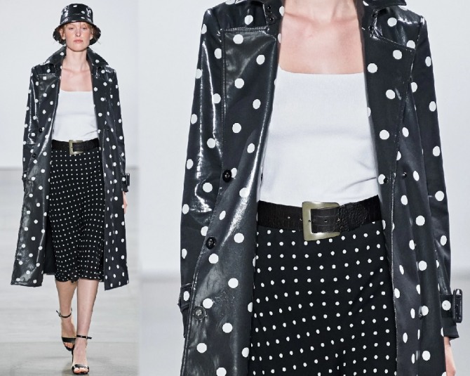 черное кожаное пальто-плащ с белым горохом - женская весенняя мода 2020 от бренда Elie Tahari мода