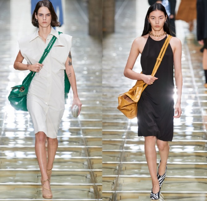 повседневный образ летнее платье до колен без рукавов белого и черного цвета с сумкой-торбой зеленого и коричневого оттенка - луки с модного показа весна-лето 2020 от Bottega Veneta