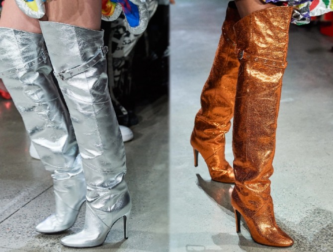 основные тренды весенней дамской дизайнерской обуви 2020 - сапоги-ботфорты металлика - серебряные и цветные