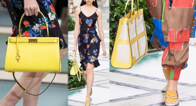 модные дизайнерские женские сумки желтого цвета от модного дома Tory Burch - показ весна-лето 2020