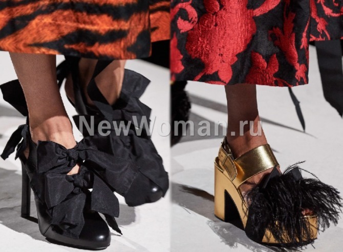 тренды женской дизайнерской обуви весна-лето 2020 с модных показов - вечерние черные туфли с бантами и золотые босоножки на платформе - луки с подиума от бренда Dries Van Noten
