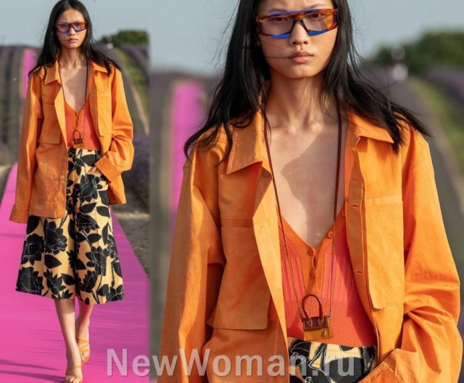 летняя модная куртка 2020 из плащевки апельсинового цвета - лук из дизайнерской коллекции Jacquemus