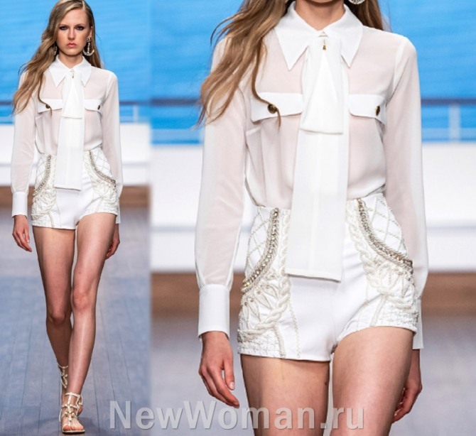 белый летний нарядный комплект белого цвета - блузка с шортами