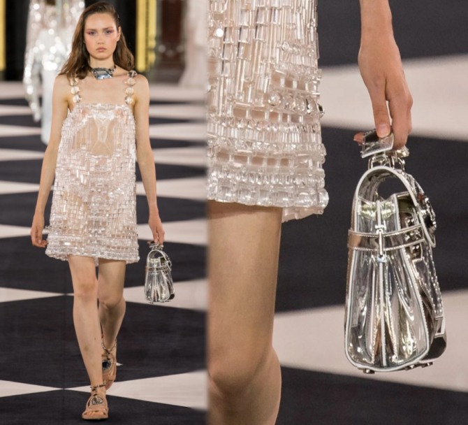 серебряная сумка к вечернему платью мини из стекляруса - модный образ - сезона весна-лето 2020 от модного дома Balmain