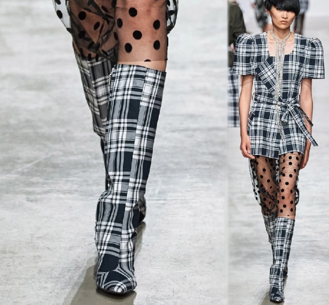 женские высокие тканевые сапоги с клетчатым принтом и острым мысом весна 2020 от бренда Lutz Huelle