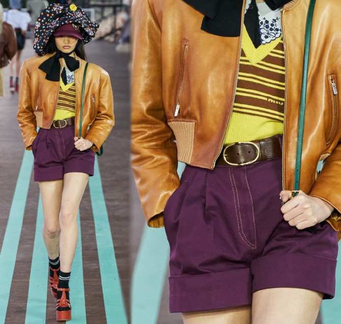 женская мода сезона весна 2020: короткая молодежная куртка-бомбер рыжего цвета в комплекте с шортами - идеи весенней курточной женской молодежной моды от Miu Miu (модный показ в Париже Весна-Лето 2020)