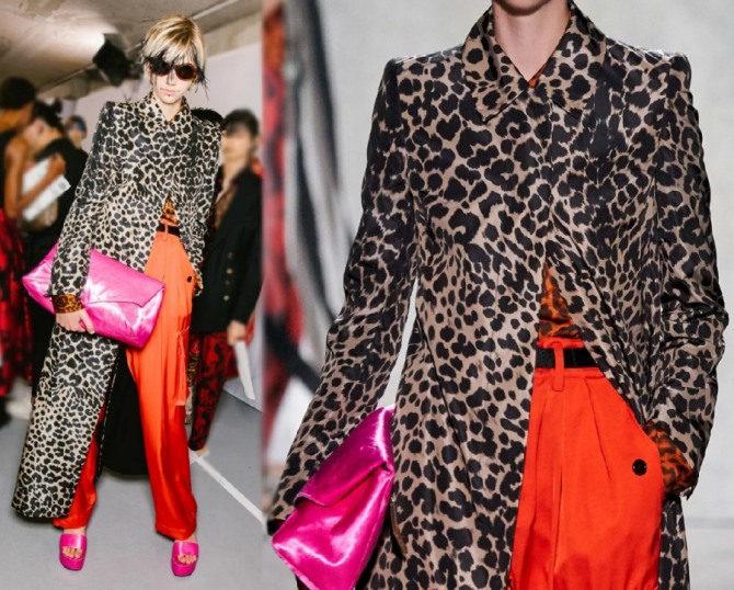 пальто макси на весну 2020 года прямого силуэта с небольшим отложным воротником и леопардовым рисунком ткани - фото с модного показа Dries Van Noten