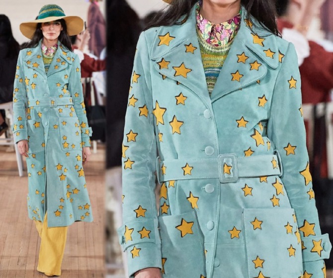 модный дом Marc Jacobs на модном показе весна-лето 2020 представил модель замшевого пальто миди мятного цвета с поясом  и накладными карманами 