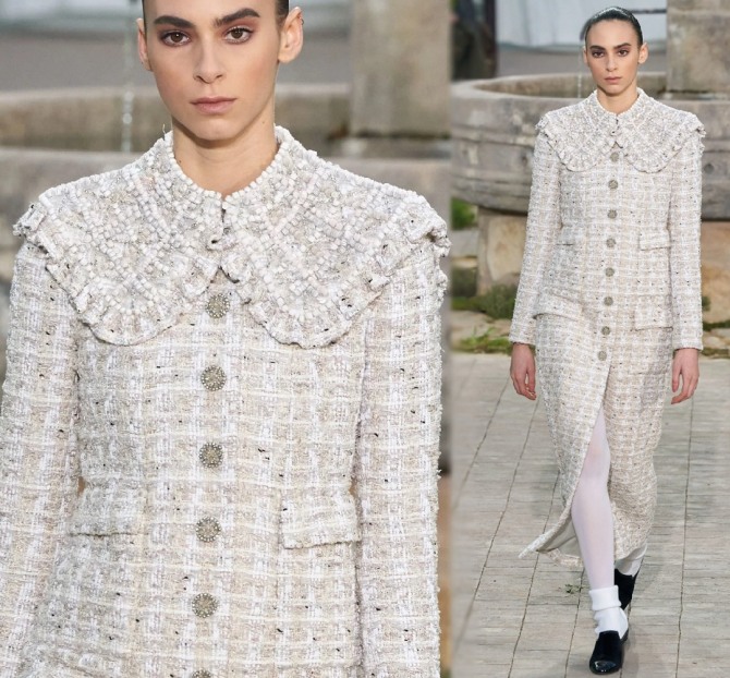 твидовое пальто, большой воротник декорирован бисером образы от Chanel кутюрная коллекци 2020