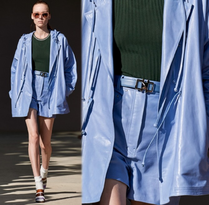 весенний стильный образ куртка и шорты в одном цвете и из одного материала - искусственной кожи голубого цвета - фото с показа весна-лето 2020 Salvatore Ferragamo