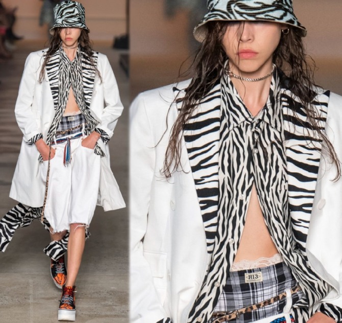 белое весеннее пальто 2020 года с отделкой лацканов и рукавов тканью с принтом зебры - фото с подиума, показ бренда R13 (Нью-Йорк)