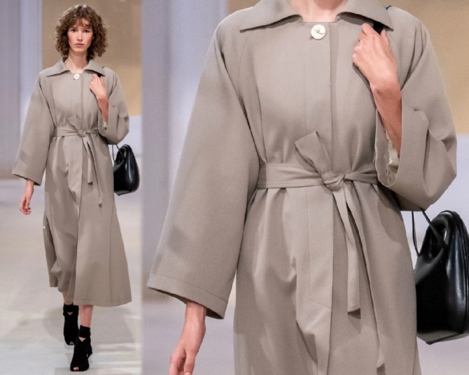 весеннее дамское модное пальто-плащ из габардина в стиле 60-х годов - модный лук от Lemaire