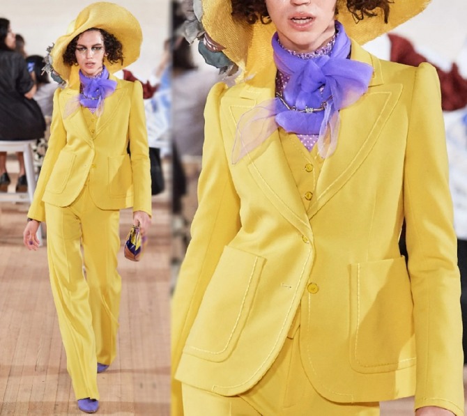 элегантный брючный нарядный брючный костюм желтого цвета с желтой широкополой шляпой и газовым шарфом фиолетового цвета от Isabel Marant - коллекция весна-лето 2020