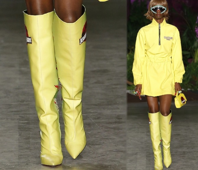 женские сапоги с высокой прямой голяшкой желтого цвета от бренда GCDS - коллекция весна-лето 2020