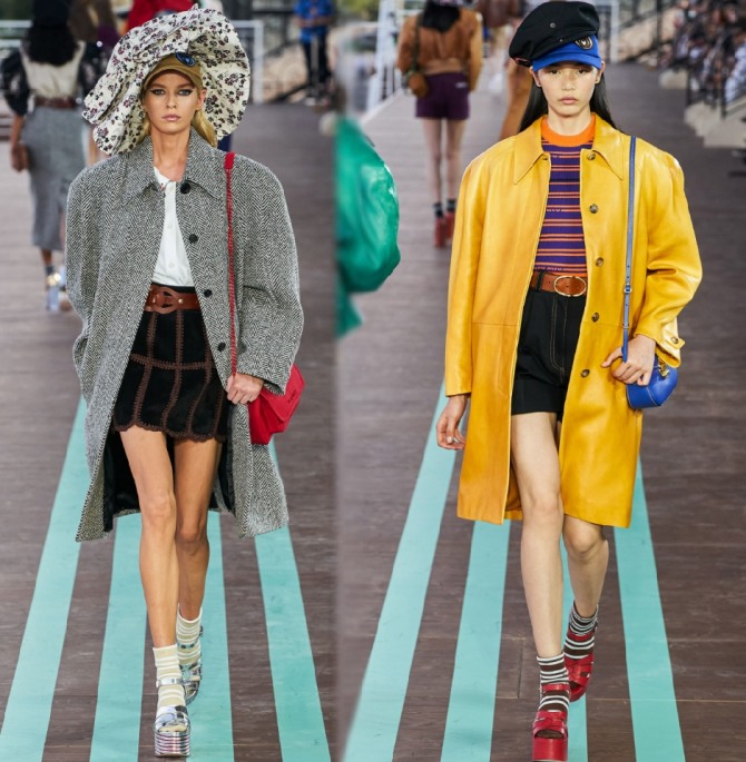 пальто для девушек с широкими мужскими плечами длиною до колена (серое драповое в рубчик и кожаное желтое) - идеи фасонов от модного дома Miu Miu (модный показ в Париже Весна-Лето 2020)