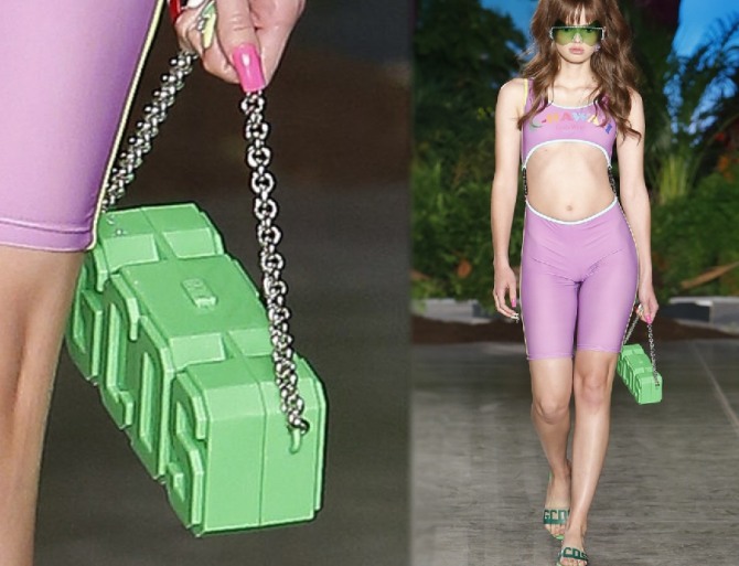 сумка-клатч "лего" из пластика ядовито-зеленого цвета на металлической цепочке от бренда GCDS - коллекция весна-лето 2020 года