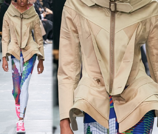 куртка оригинального фасона песочного цвета с яркими легинсами и кроссовками - фото с модного показа Junya Watanabe (неделя моды в Париже)