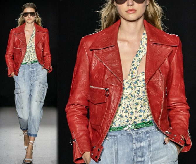 стильные образы весна 2020 с кожаными куртками косухами - лук с красной курткой и джинсами из коллекции Zadig & Voltaire весна-лето 2020