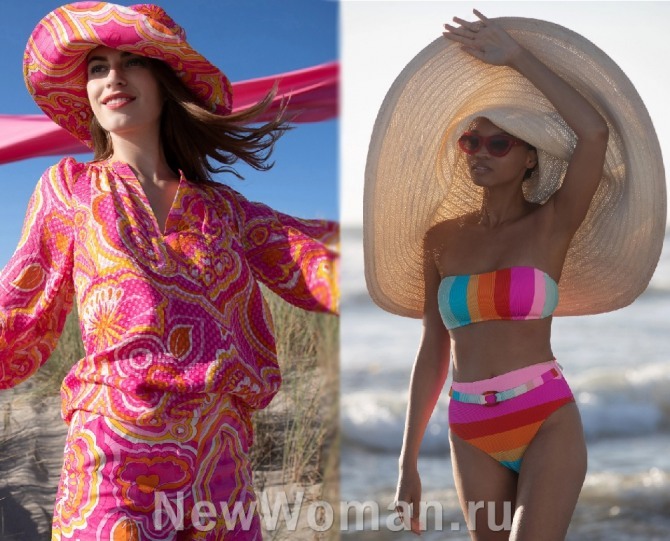 фото модных летних женских шляп 2020 года от солнца - шляпа с полями под цвет костюма и шляпа-палатка с огромными полями