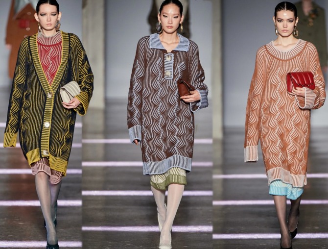 Осень-Зима 2021 года: вязаные платья-свитера. Тренды: трикотажная двухслойность, имитация ручной вязки, удлиненные рукава - фото с модных показов в Милане