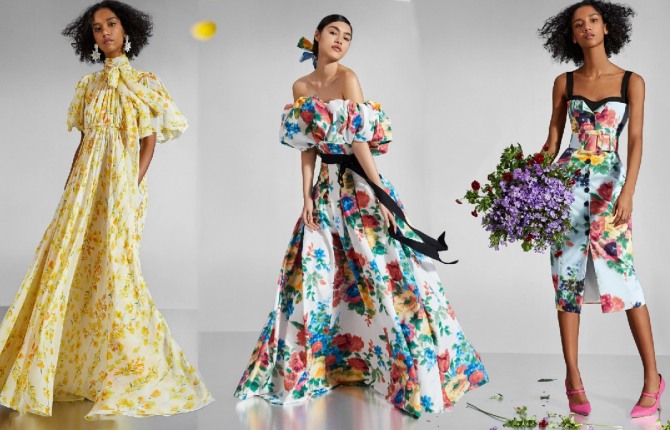 фасоны модных летнев нарядных платьев 2021 - длинных и коротких - с крупным и мелким, ярким и скромным цветочным принтом - фото с подиума