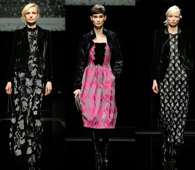 модные платья на весну с принтами и черным бархатным жакетом от Giorgio Armani