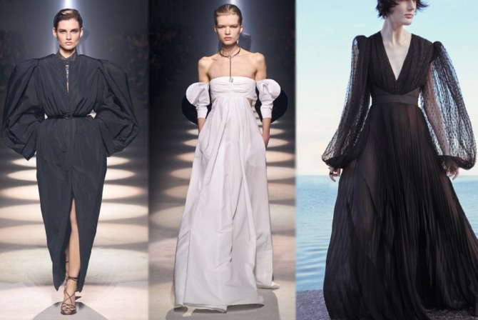 фасоны вечерних платьев из белой и черной ткани с пышными рукавами - тренды 2021 года