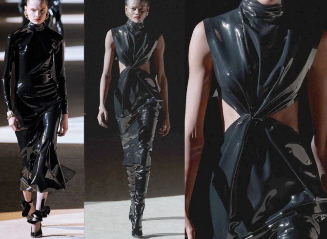 черные платья из латекса из коллекции Saint Laurent 2021 года