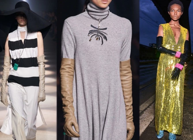 главные тренды в женской одежде 2021 года - платья с длинными перчатками из экокожи и латекса - фото с модных показов
