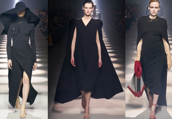 элегантные черные платья для дам за 60 - с черной широкополой шляпой, с имитацией под пальто кейп - фото из коллекции платьев бренда Живанши на 2021 год