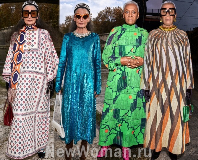 фото фасонов нарядных дизайнерских платьев с подиума на пожилых женщинах моделях - модные тенденции 2021 года для тех, кому за 70 и 75