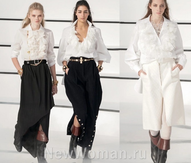 белые модные блузки от Шанель - с черными и белыми юбками - образы для новогодней корпоративной вечеринки 2021