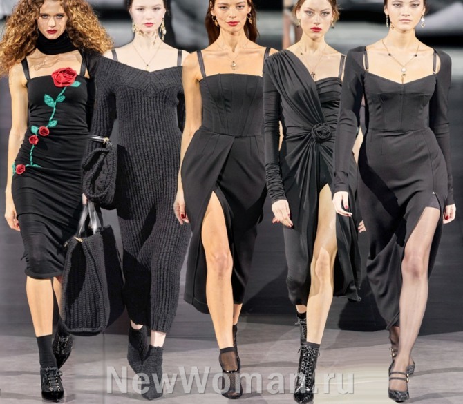 Dolce & Gabbana коллекция осень-зима 2021, черные платья с узкими бретелями и открытыми плечами