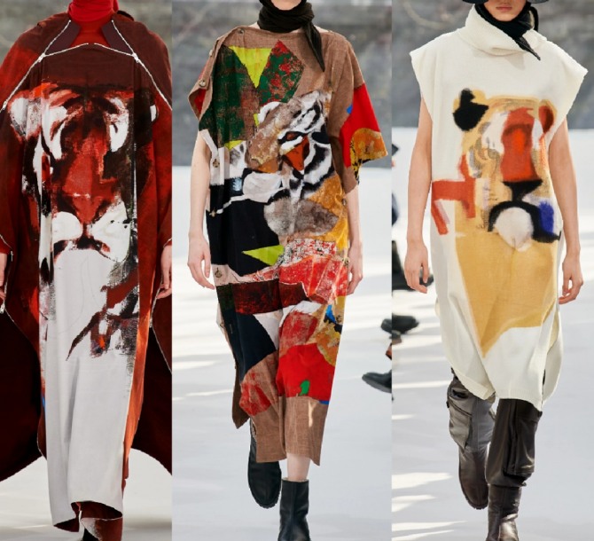 яркие длинные свободные платья-сарафаны с модных показов 2021 года с абстрактным рисунком от бренда Kenzo