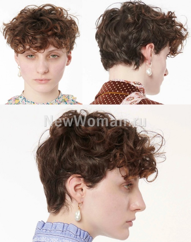 модные женские стрижки для коротких волос с модных показов осень-зима 2020-2021 - пикси на отросших кудрявых волосах с пышной челкой, полностью закрывающей лоб