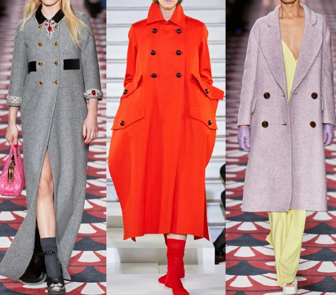 двубортные пальто миди и макси сезона осень 2020 - фасоны для девушек и женщин с модных показов - серое, красное, светло-сиреневое