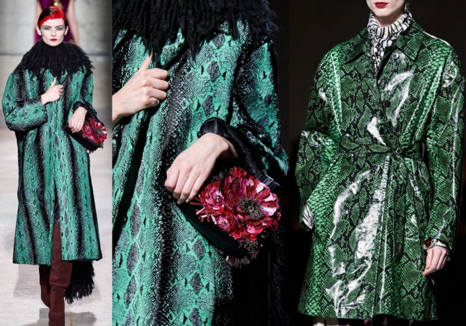 шикарное зимнее пальто и лаковый плащ изумрудного цвета с принтом, имитирующим кожу питона - европейская женская мода 2021 года