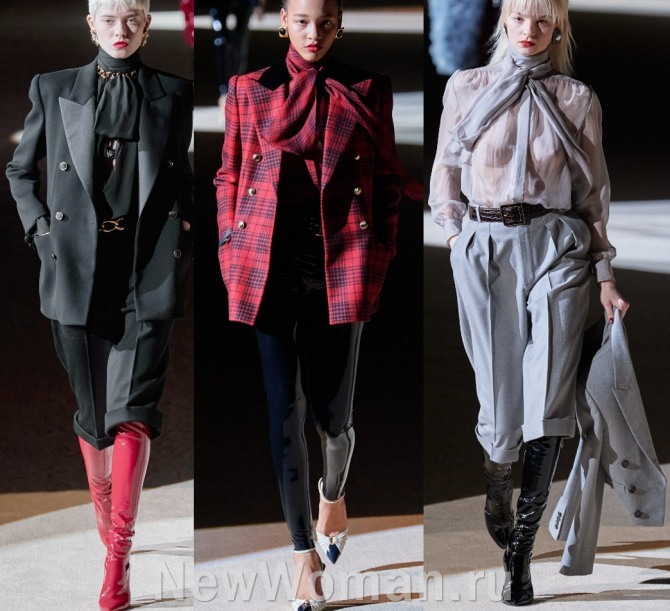 модные образы женских стильных костюмов с брюками-кюлотами, латексными штанами, двубортными пиджвками - фото с подиума Осень-Зима 2020-2021 бренда Saint Laurent в Париже