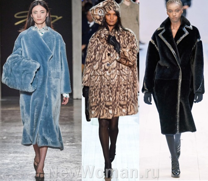 модели зимней уличной женской моды 2020-2021 - черное, цветное и принтованное под леопарда пальто из искусственного меха - фото с недель моды