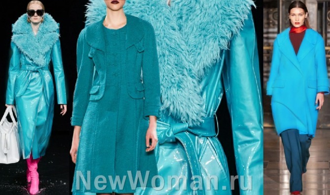 стильные осенние пальто пальто цвета аквамарин - новинки с модных показов осень 2020