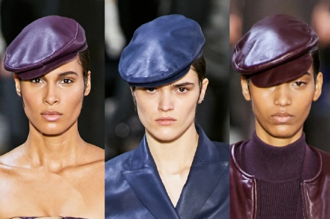 как носить модные женские кепи из цветной искусственной кожи осенью 2020 года - фото с модных показов