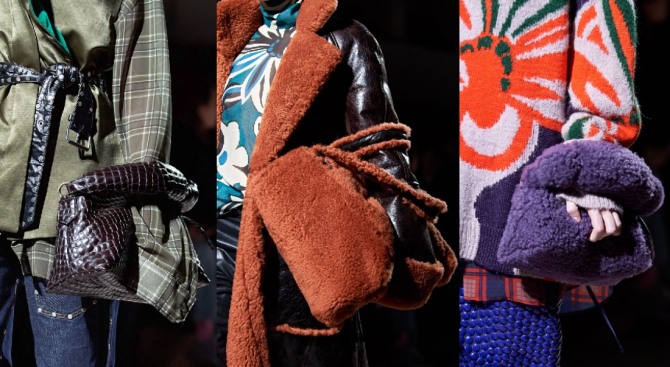 Зимняя женская мода в аксессуарах и сумках. Кожаная и меховые цветные сумки от Dries Van Noten - зима 2020-2021