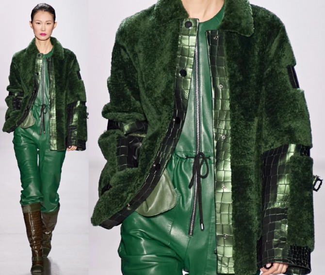 комбинированные женские куртки из ткани разных фактур - зеленая куртка из меха и кожи от Dennis Basso, тенденции на 2021 год